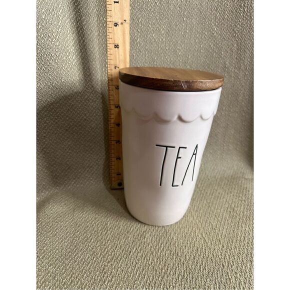 Rae Dunn TEA Cellar Canister Storage Ivory Brown Wood Lid Farmhouse 7” X 4” - Picture 12 of 13